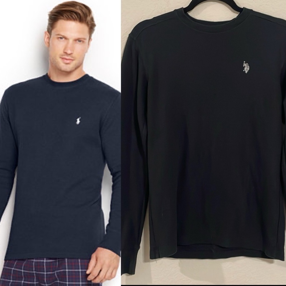 U.S. Polo Assn. Men Solid Waffle Knit Crew Neck Thermal Shirt XS Black Cotton